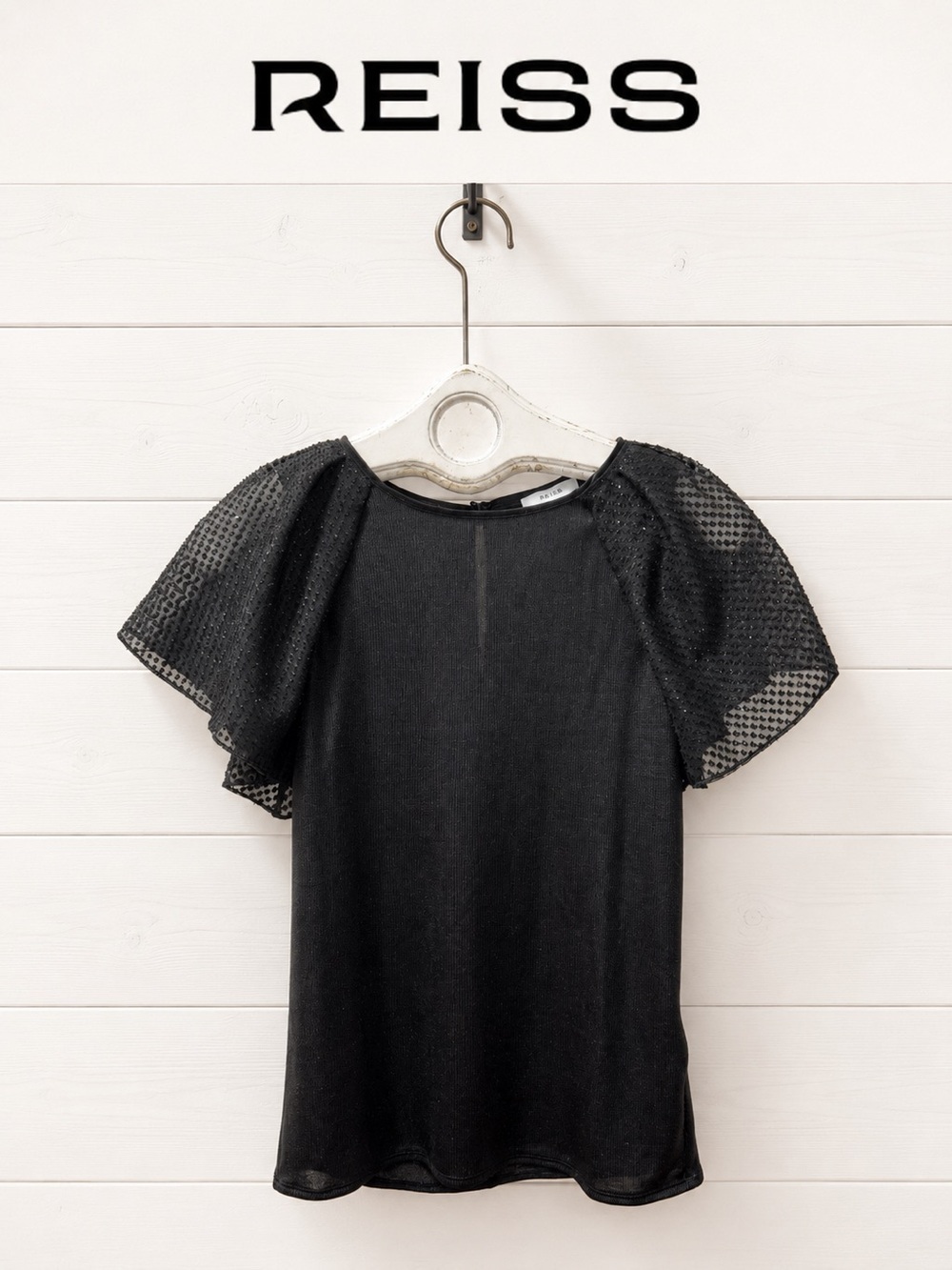REISS Black Shimmer Flutter Sleeve Top XS NWOT